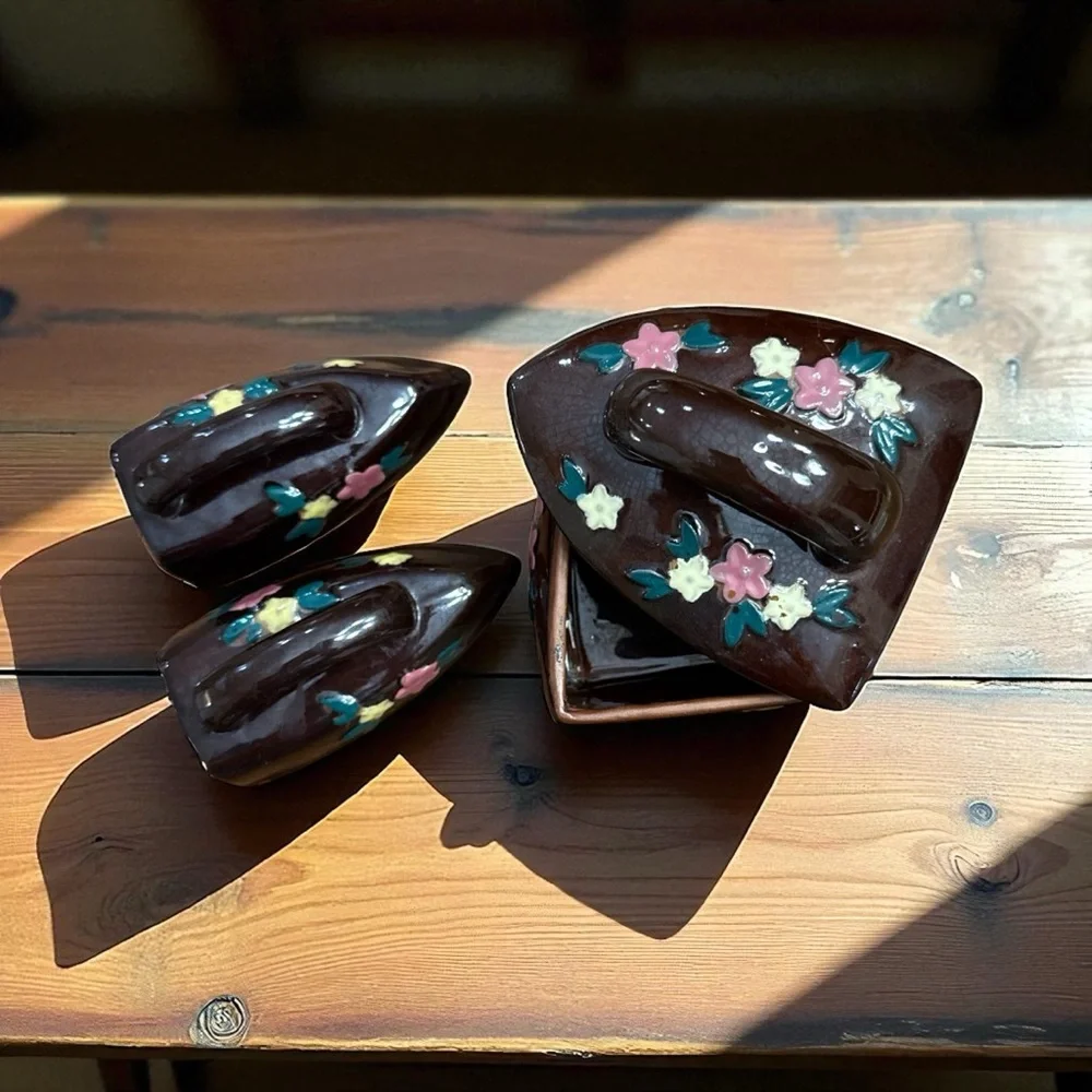 VTG Japan Redware Iron Shaped Sugar Bowl Salt Pepper Shaker Set 3pc